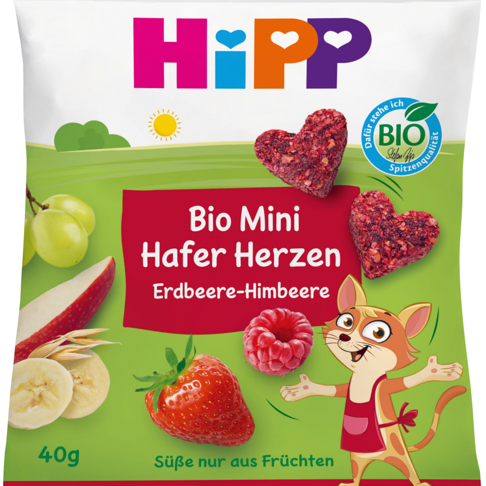 HiPP سناكس للأطفال قلوب الشوفان الصغيرة بالفراولة والتوت، من 3 سنوات، 40 جرام