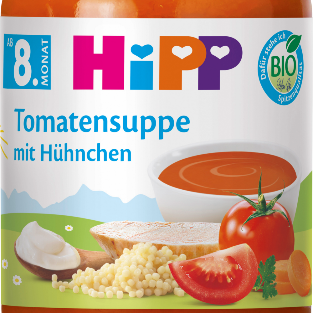 HiPP MEN ü شوربة طماطم بالدجاج من الشهر 8 ، 190 جرام طعام تكميلي