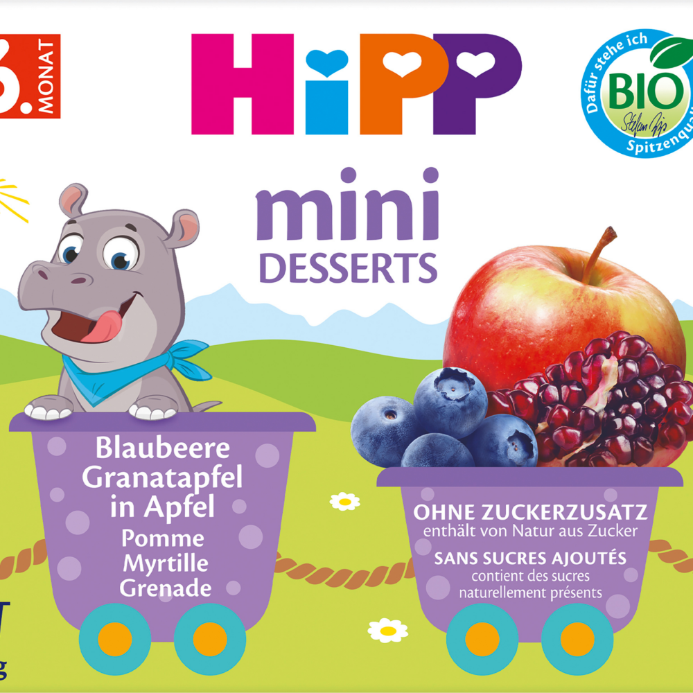 حلويات فواكه HiPP صغيرة توت أزرق ، رمان في التفاح من الشهر السادس (4 × 100 جم) ، 400 جرام طعام تكميلي