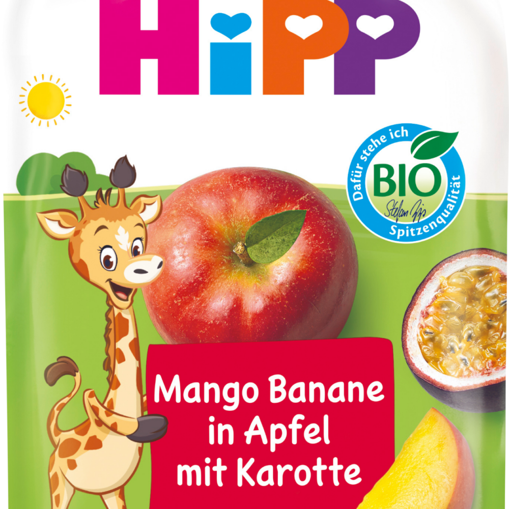 HiPP Quetschie Mango, موز بالتفاح مع الجزر من 1 سنة، 100 جرام طعام تكميلي