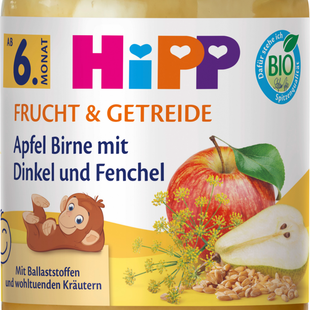 HiPP Fruit & Cereals التفاح والكمثرى مع الحنطة والشمر من الشهر 6 ، 190 جرام طعام تكميلي