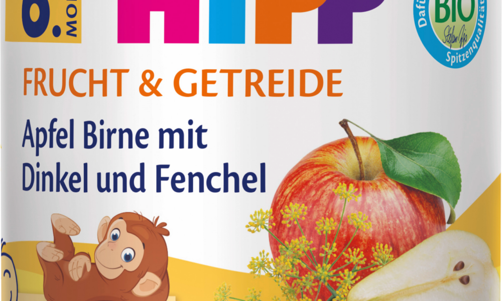 HiPP Fruit & Cereals التفاح والكمثرى مع الحنطة والشمر من الشهر 6 ، 190 جرام طعام تكميلي