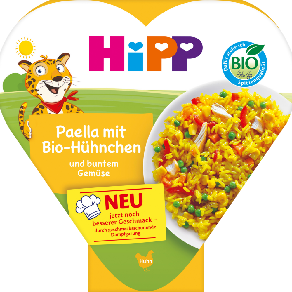 طبق الباييلا للأطفال من HiPP مع الخضار الملونة والدجاج من 1 سنة، 250 جرام طعام تكميلي