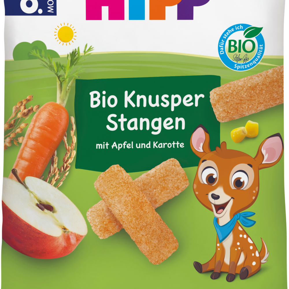 HiPP Baby Snack Sticks Crispy Sticks مع التفاح والجزر من الشهر 8 ، 30 جرام طعام تكميلي
