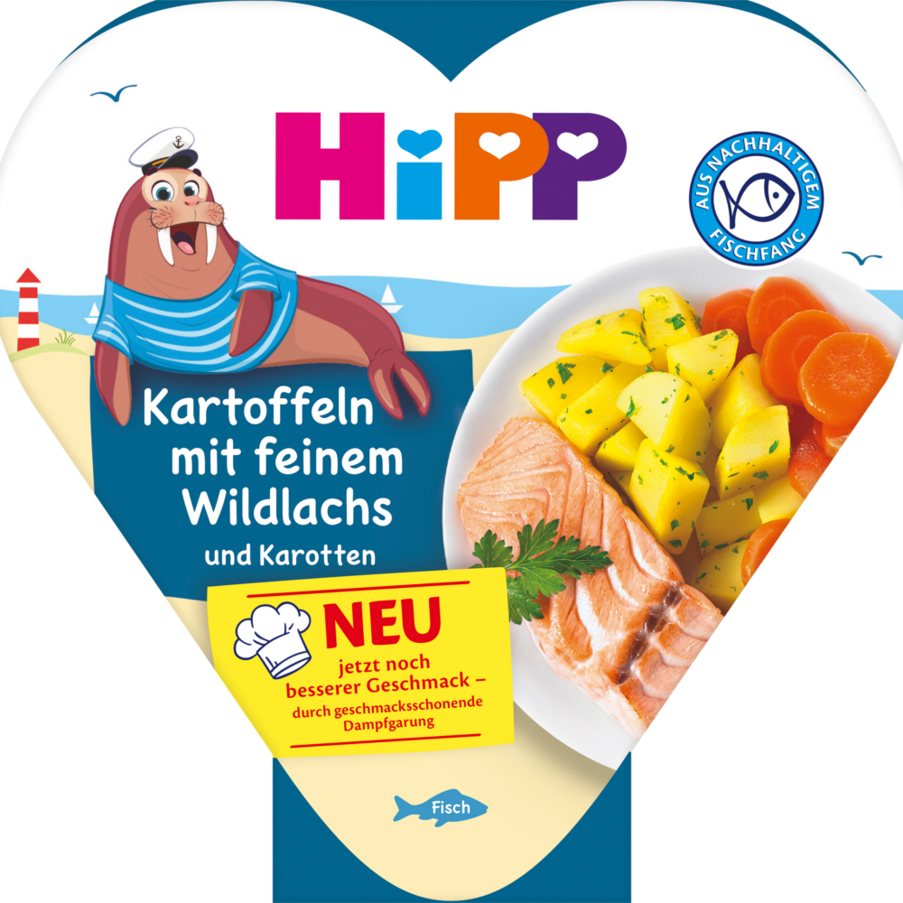 طبق بطاطس أطفال HiPP مع سمك السلمون البري الناعم والجزر من 1 سنة، 250 جرام طعام تكميلي