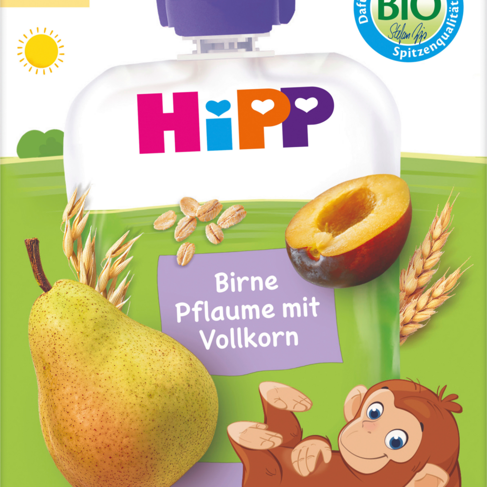 HiPP Quetschie الكمثرى ، البرقوق مع الحبوب الكاملة من الشهر السادس (4 × 90 جم) ، 360 جم طعام تكميلي