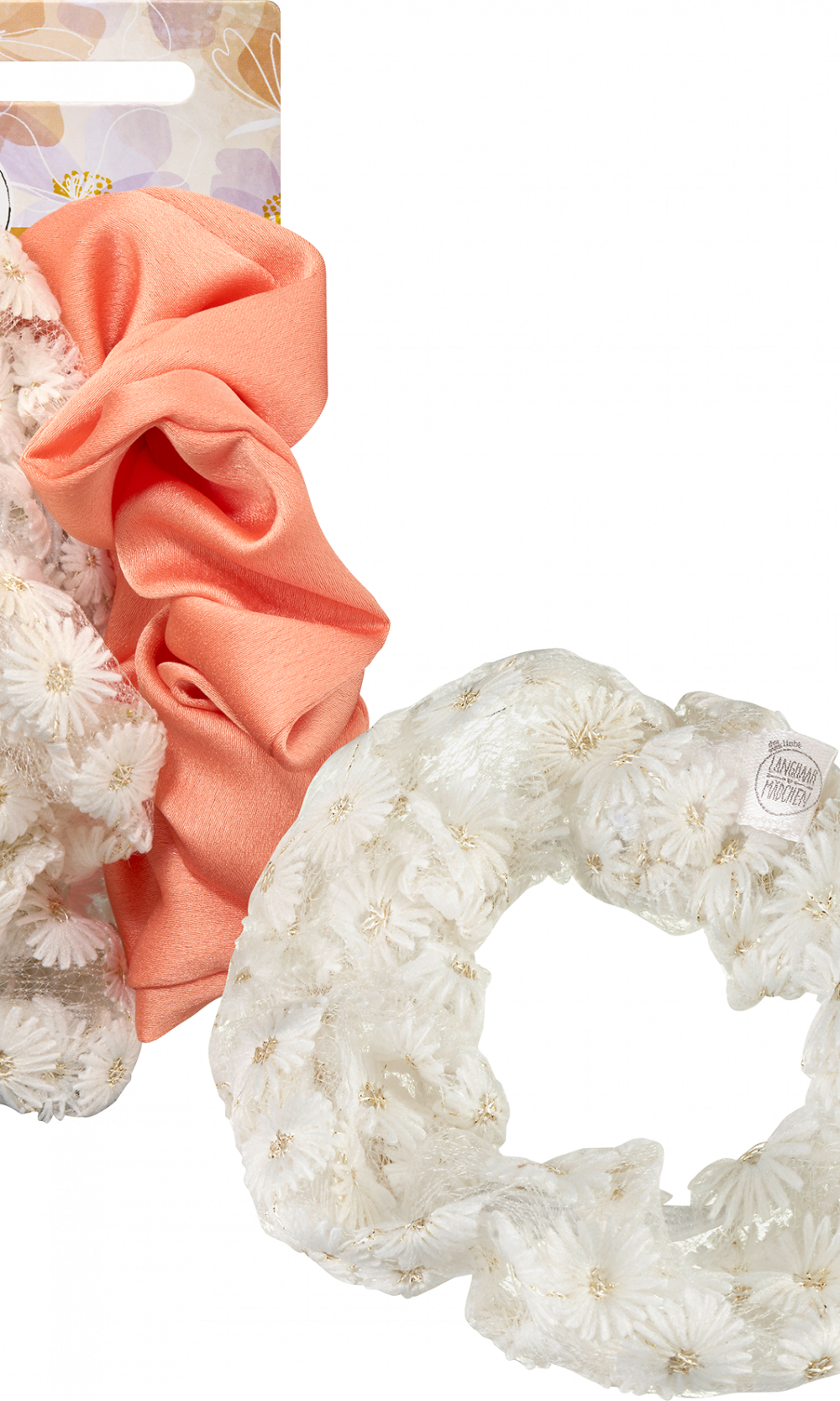 شعر طويل دانتيل فتاة سكرانشيز، أبيض/مرجاني، 2 قطعة