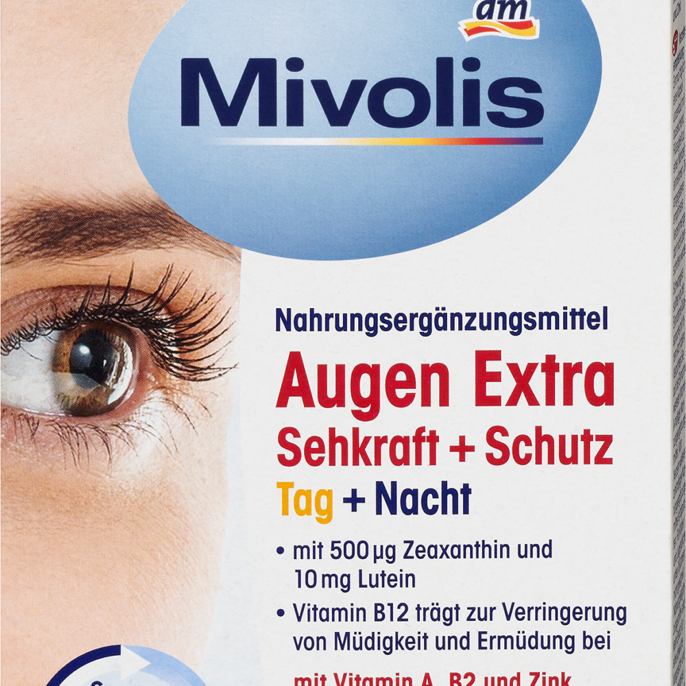 Mivolis Eyes Extra Vision + Protection، نهار + ليل، كبسولات، 30 قطعة، 28.8 جرام مكمل غذائي