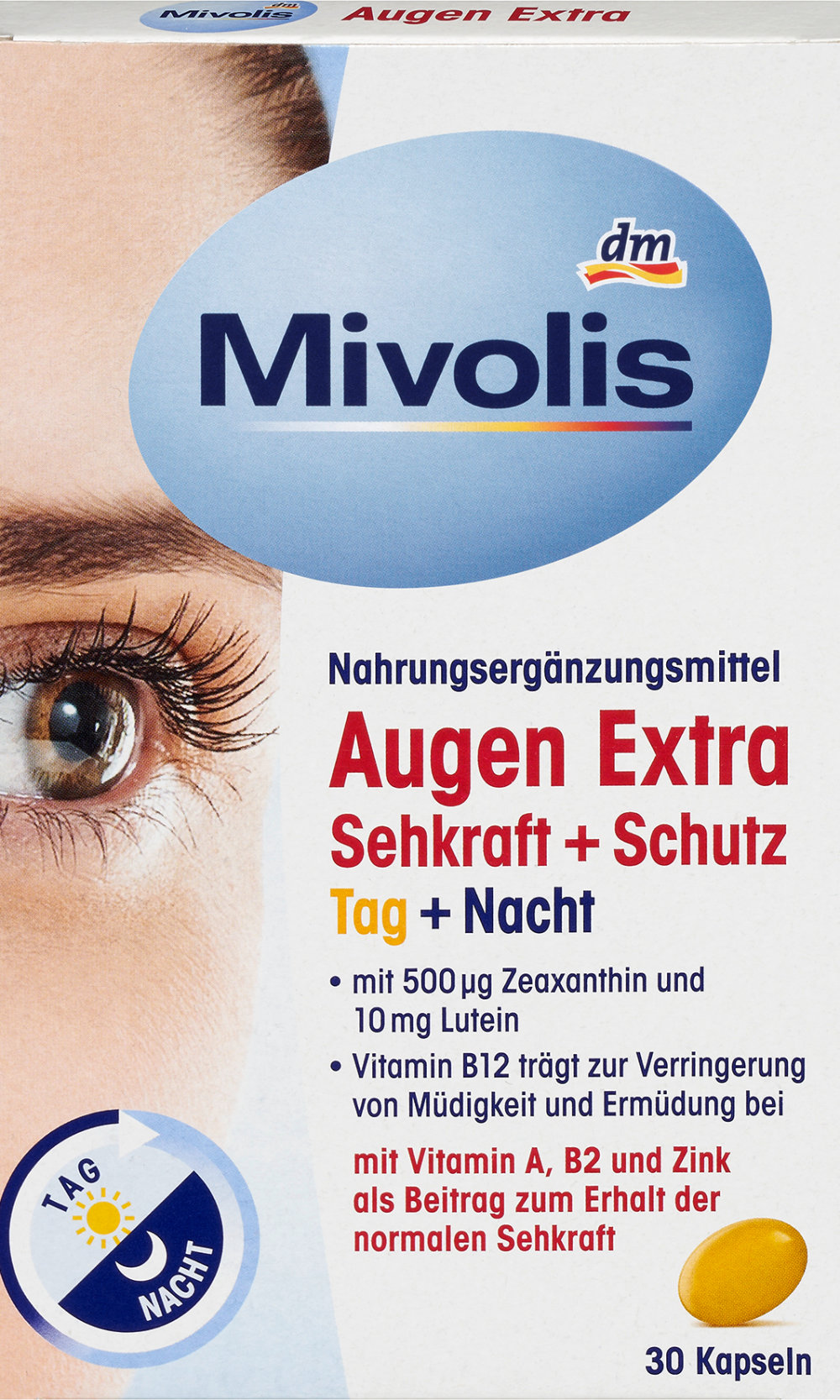 Mivolis Eyes Extra Vision + Protection، نهار + ليل، كبسولات، 30 قطعة، 28.8 غراممكمل غذائي