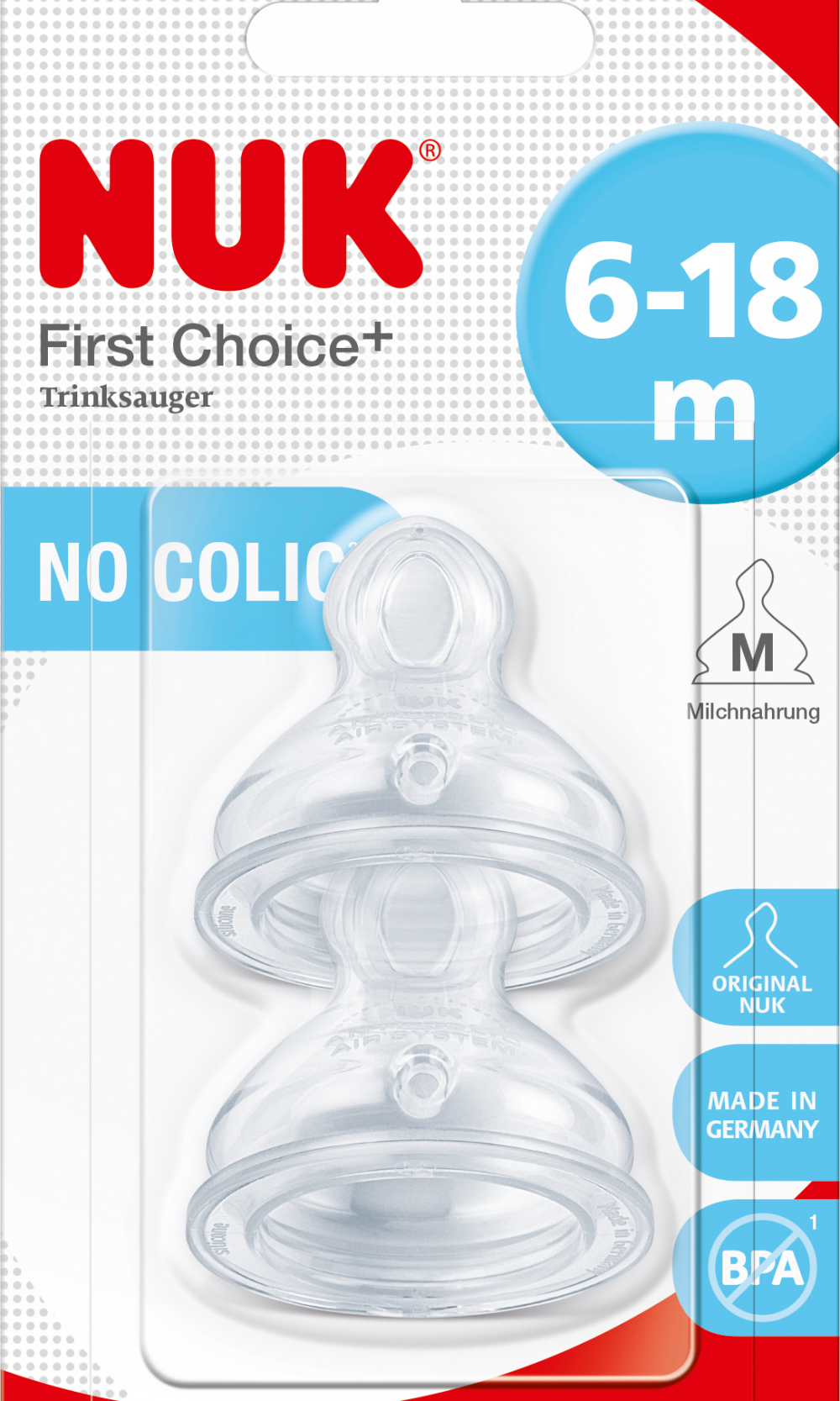 نوك حلمة الاختيار الأول + سيليكون، مقاس M (حليب)، 6-18 شهرا، 2 قطعة