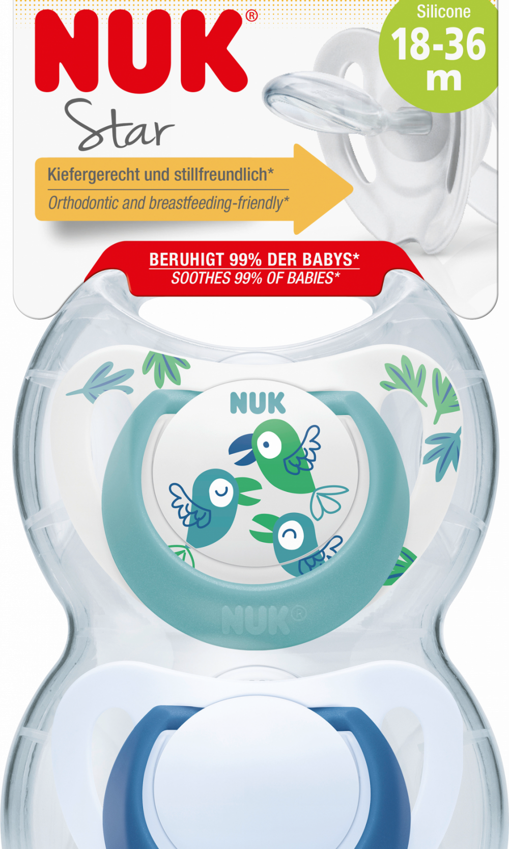 NUK لهاية ستار سيليكون ، فيروزي / أزرق ، مقاس 3 ، 18-36 شهرا ، 2 قطعة