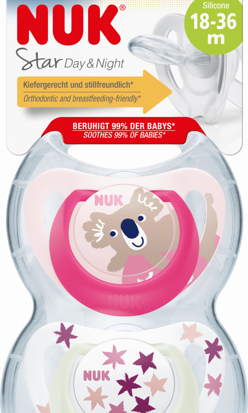 NUK لهاية ستار سيليكون نهاري آند نايت، وردي/أبيض، مقاس 3، 18-36 شهرا، 2 قطعة