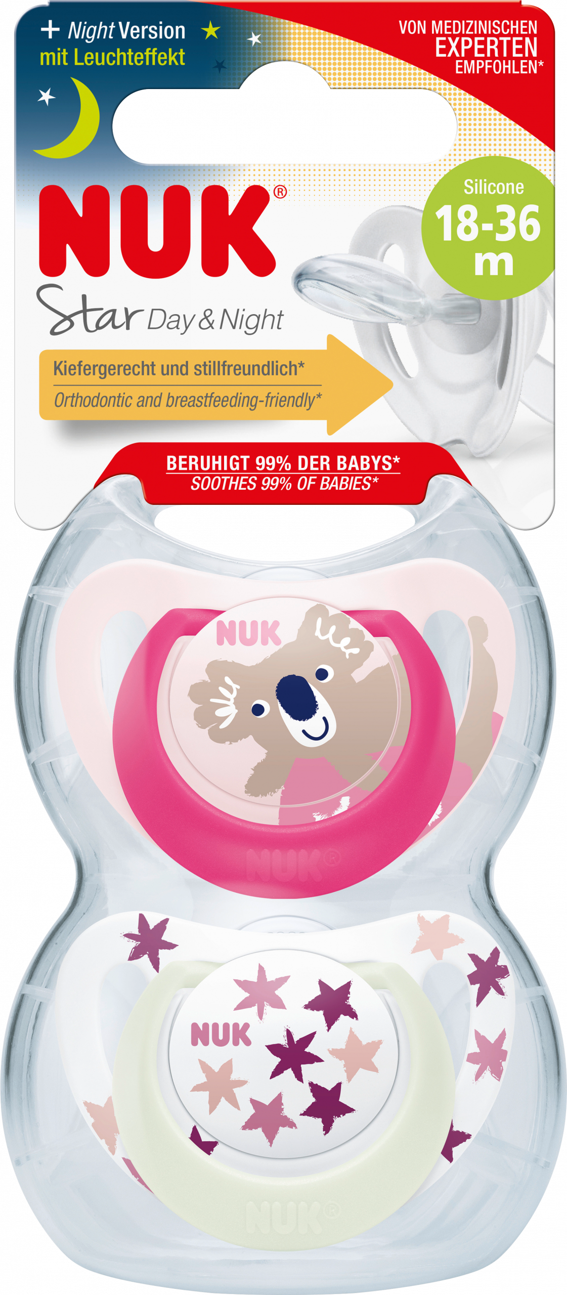 NUK لهاية ستار سيليكون نهاري آند نايت، وردي/أبيض، مقاس 3، 18-36 شهرا، 2 قطعة
