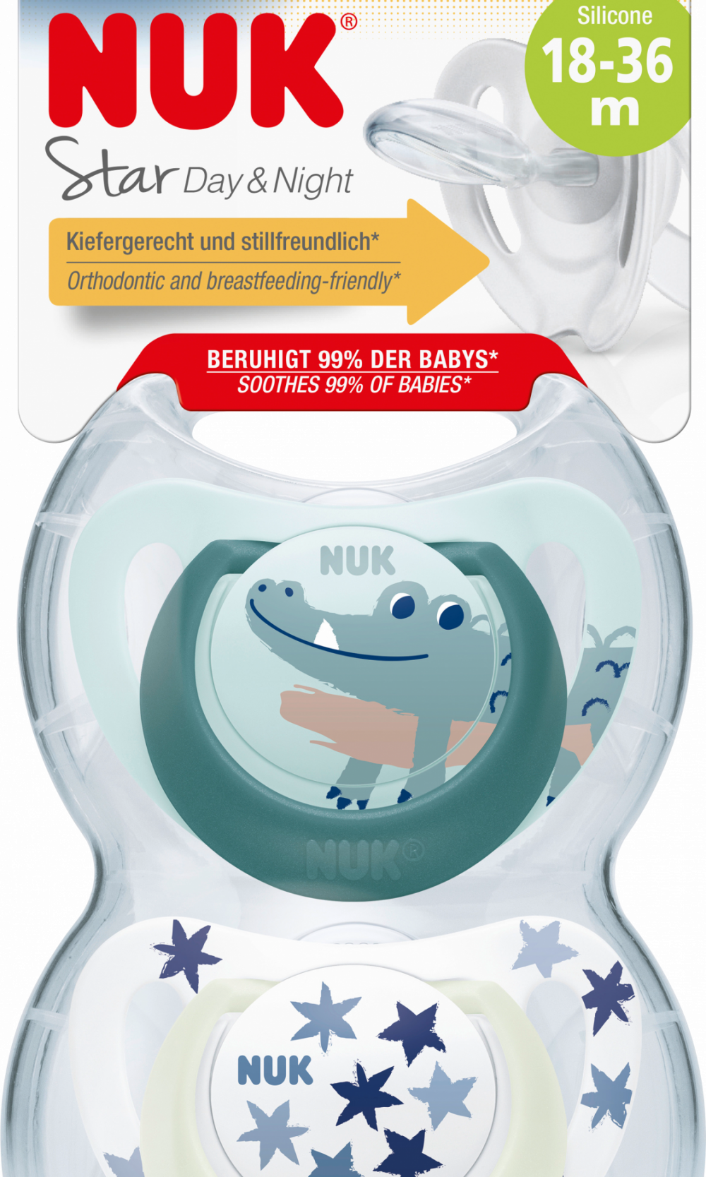 NUK لهاية ستار سيليكون نهاري آند نايت، أخضر/أزرق، مقاس 3، 18-36 شهرا، 2 قطعة