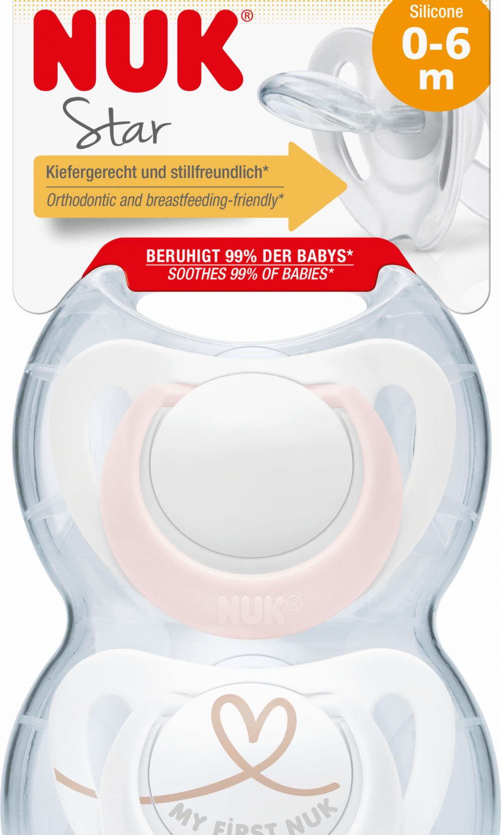 NUK لهاية ستار سيليكون ، وردي / أبيض ، مقاس 1 ، 0-6 أشهر ، 2 قطعة
