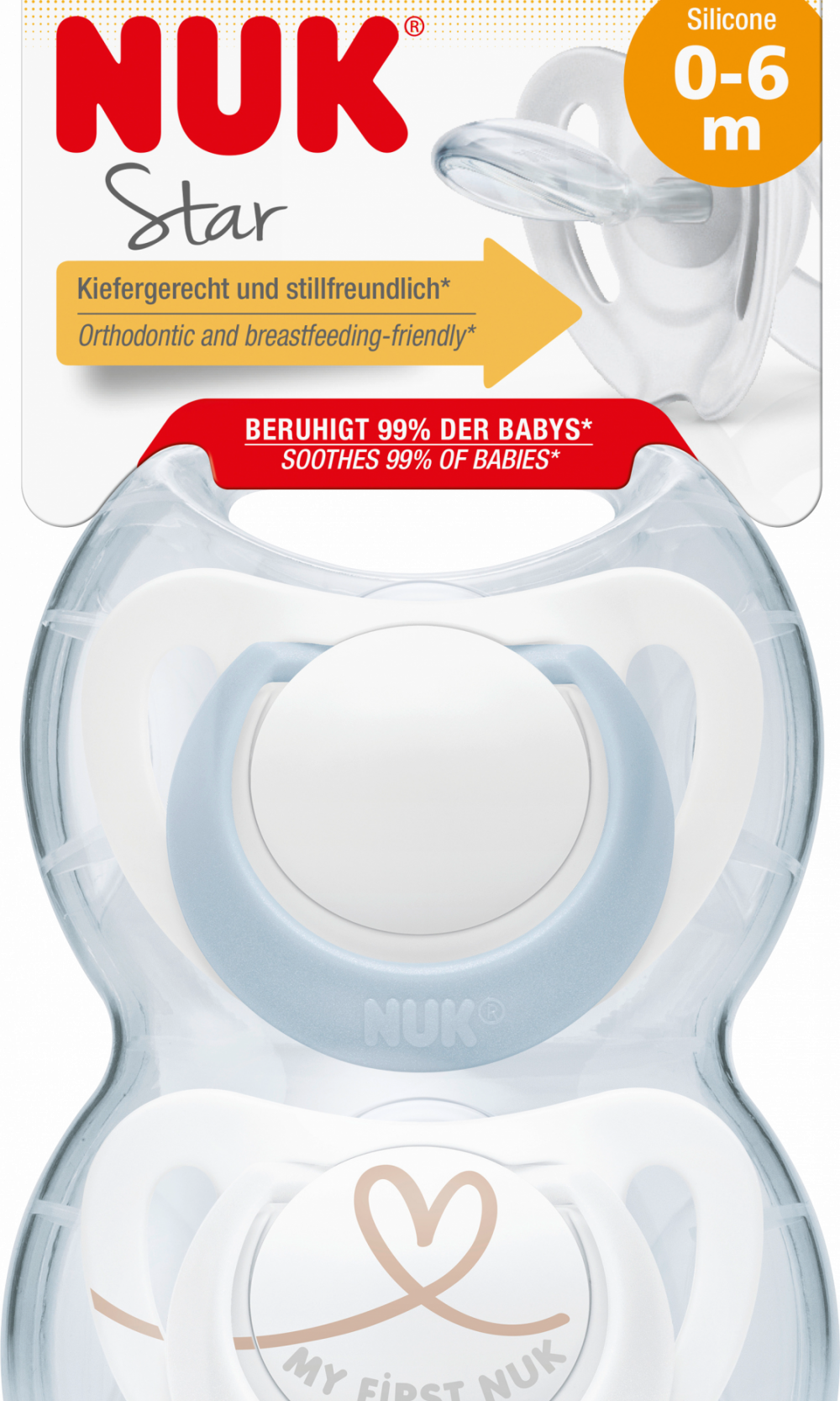 NUK لهاية ستار سيليكون ، أزرق / أبيض ، مقاس 1 ، 0-6 أشهر ، 2 قطعة