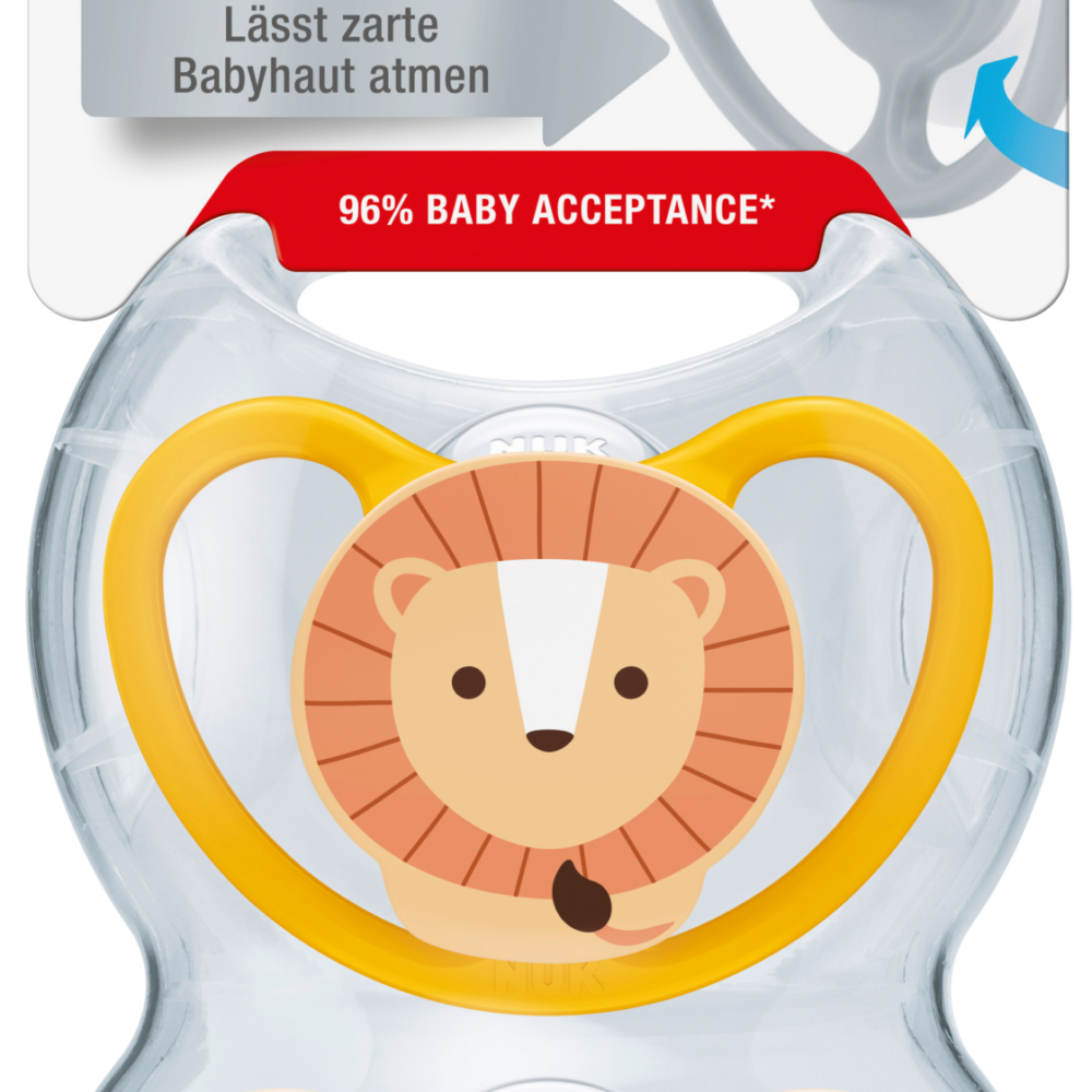 NUK مصاصة الفضاء سيليكون ، أصفر / مشمش ، 6-18 شهرا ، 2 قطعة