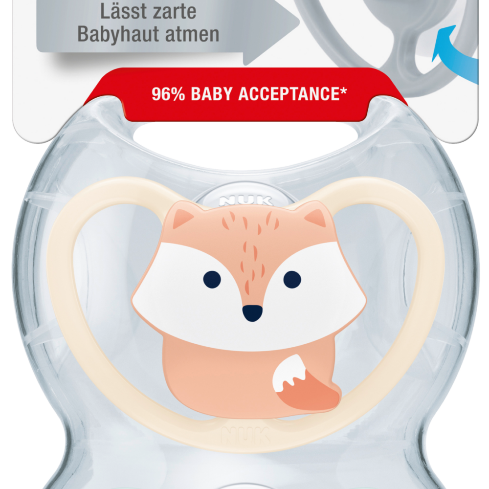 NUK مصاصة سبيس سيليكون ، مشمش / أزرق ، 0-6 أشهر ، 2 قطعة