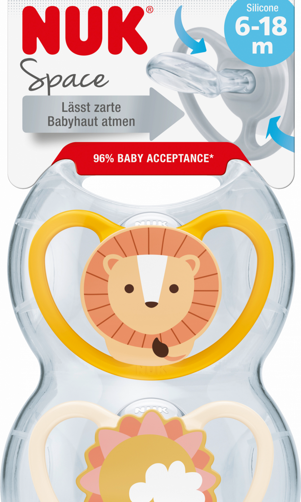 NUK مصاصة الفضاء سيليكون ، أصفر / مشمش ، 6-18 شهرا ، 2 قطعة