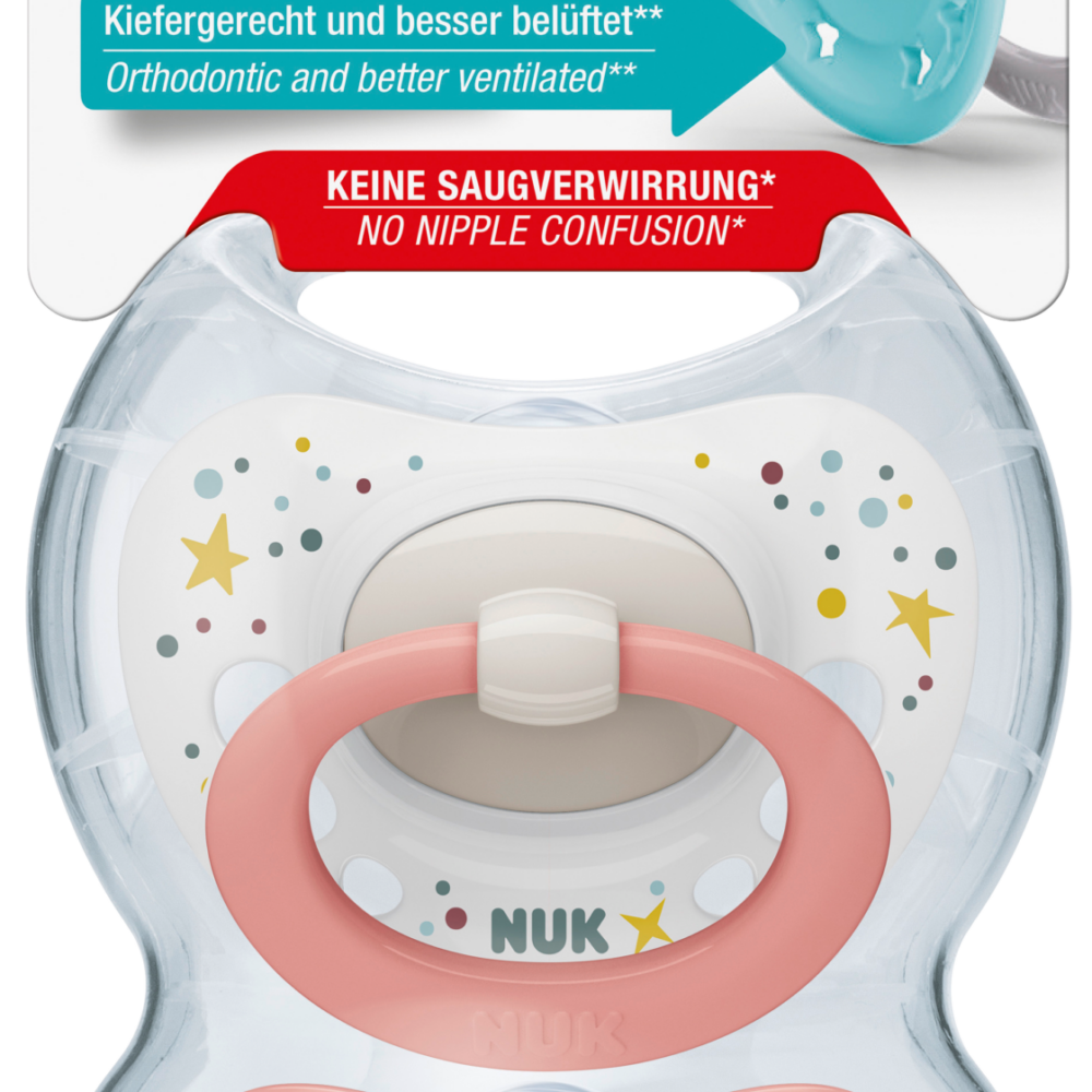 NUK لهاية سيجنتشر سيليكون ، وردي ، 0-6 أشهر ، 2 قطعة