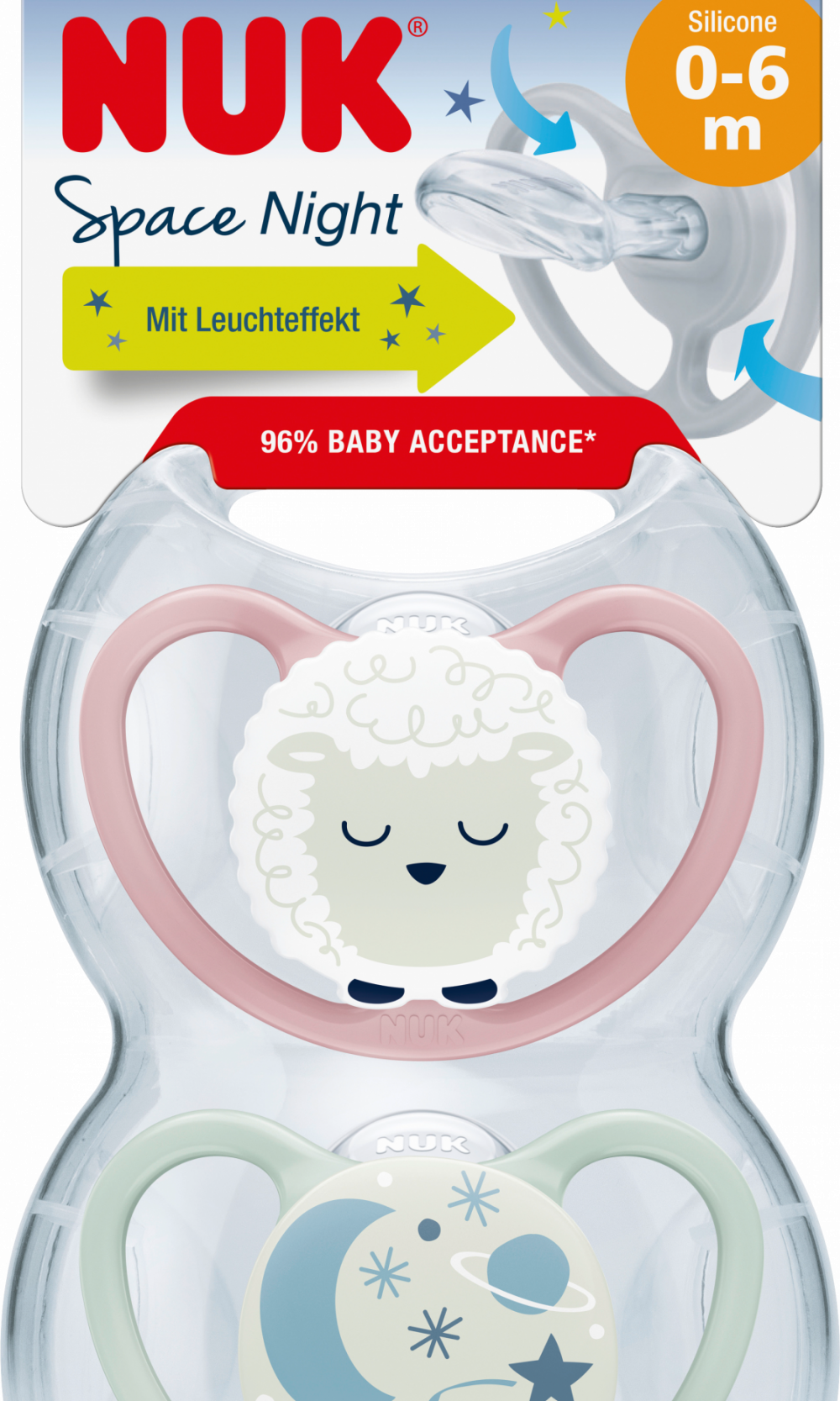 NUK لهاية سبيس سيليكون ليلي، أرجواني/نعناع، 0-6 أشهر، 2 قطعة