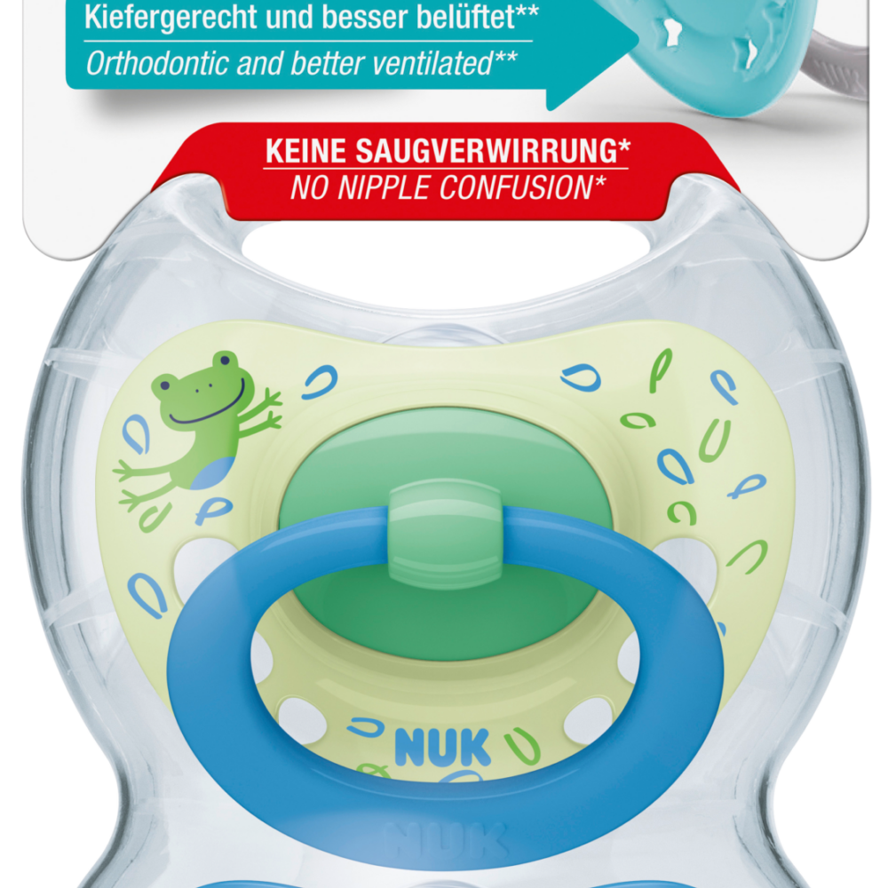 NUK لهاية سيجنتشر سيليكون ، أخضر / أزرق ، 6-18 شهرا ، 2 قطعة