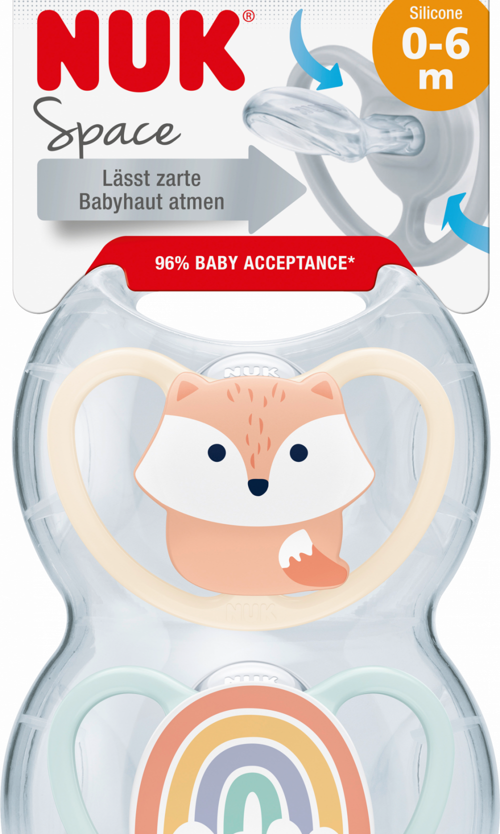 NUK مصاصة سبيس سيليكون ، مشمش / أزرق ، 0-6 أشهر ، 2 قطعة