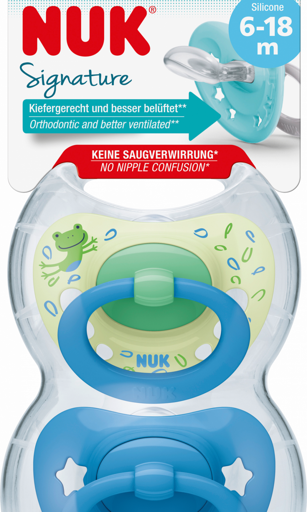 NUK لهاية سيجنتشر سيليكون ، أخضر / أزرق ، 6-18 شهرا ، 2 قطعة