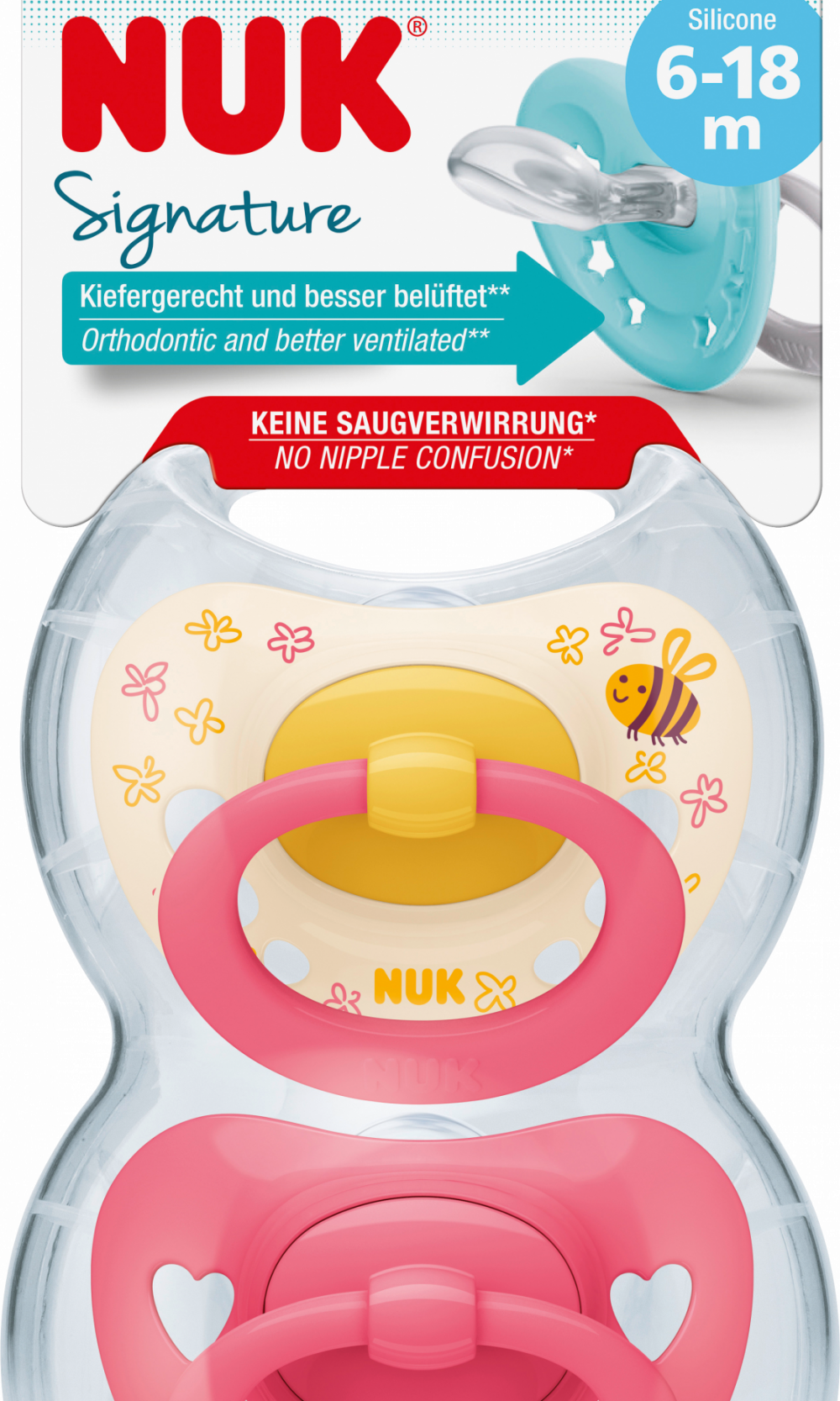 NUK لهاية سيجنتشر سيليكون ، أصفر / وردي ، 6-18 شهرا ، 2 قطعة
