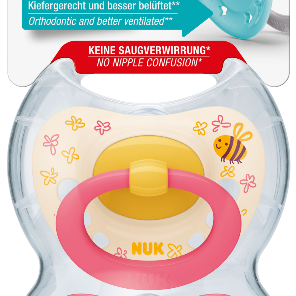 NUK لهاية سيجنتشر سيليكون ، أصفر/وردي ، من 18 شهر ، 2 قطعة