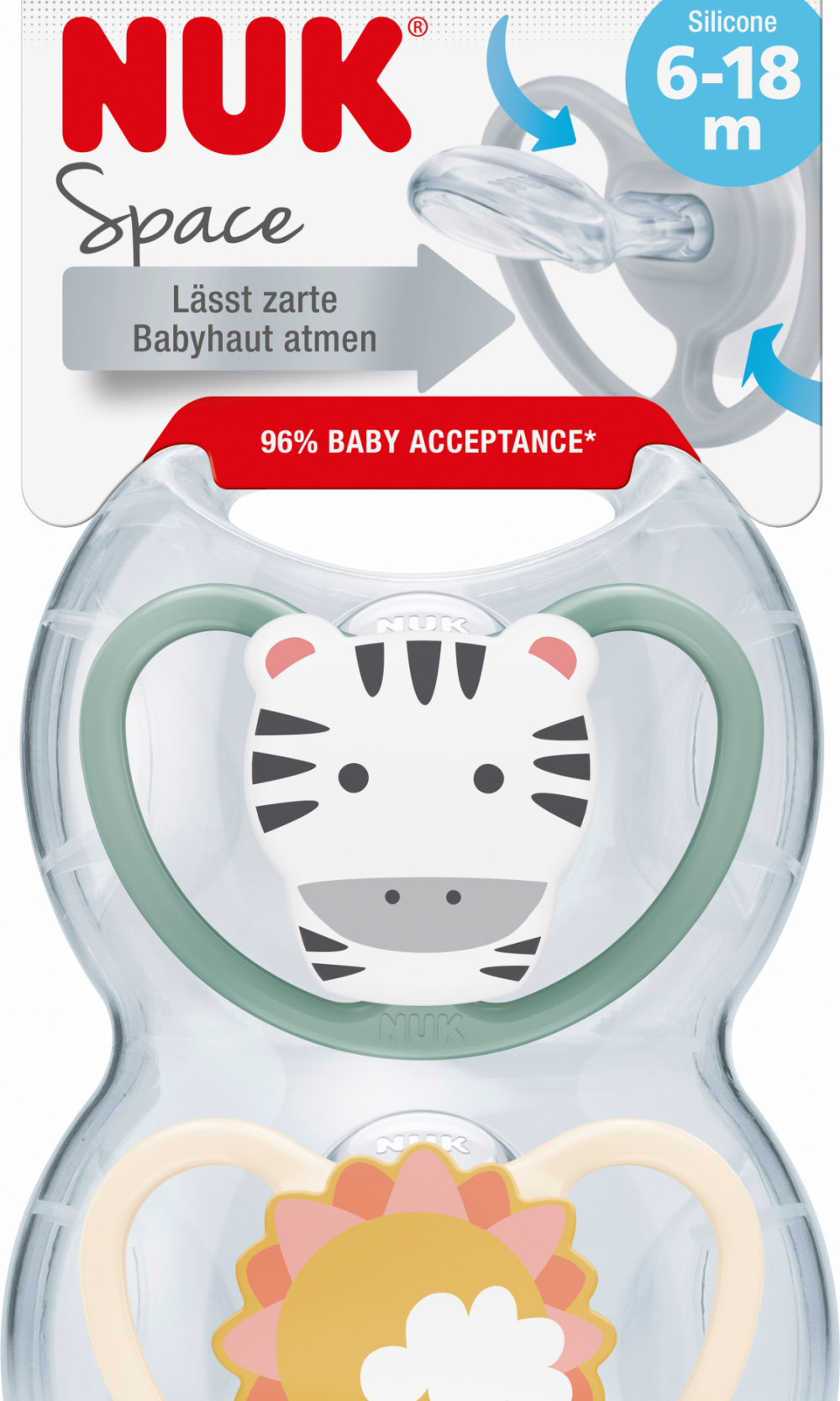 NUK مصاصة سبايس سيليكون ، أخضر / مشمش ، 6-18 شهرا ، 2 قطعة