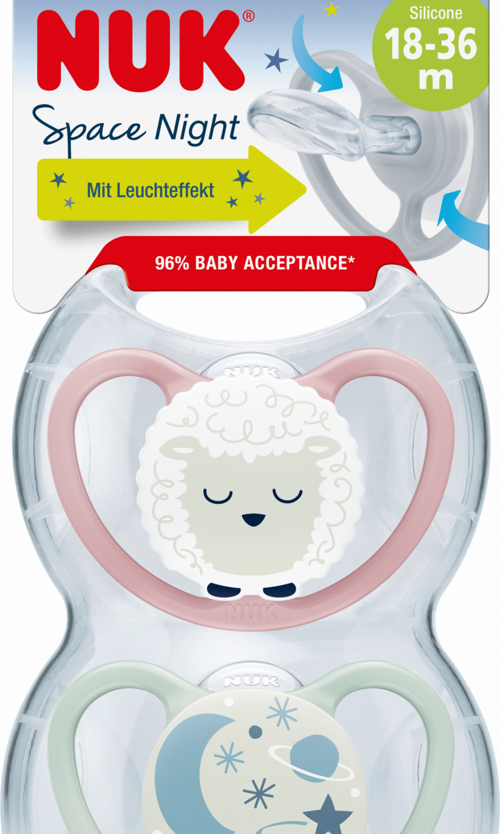 NUK مصاصة سبيس سيليكون ليلي، أرجواني/نعناع، من 18 شهرا، 2 قطعة