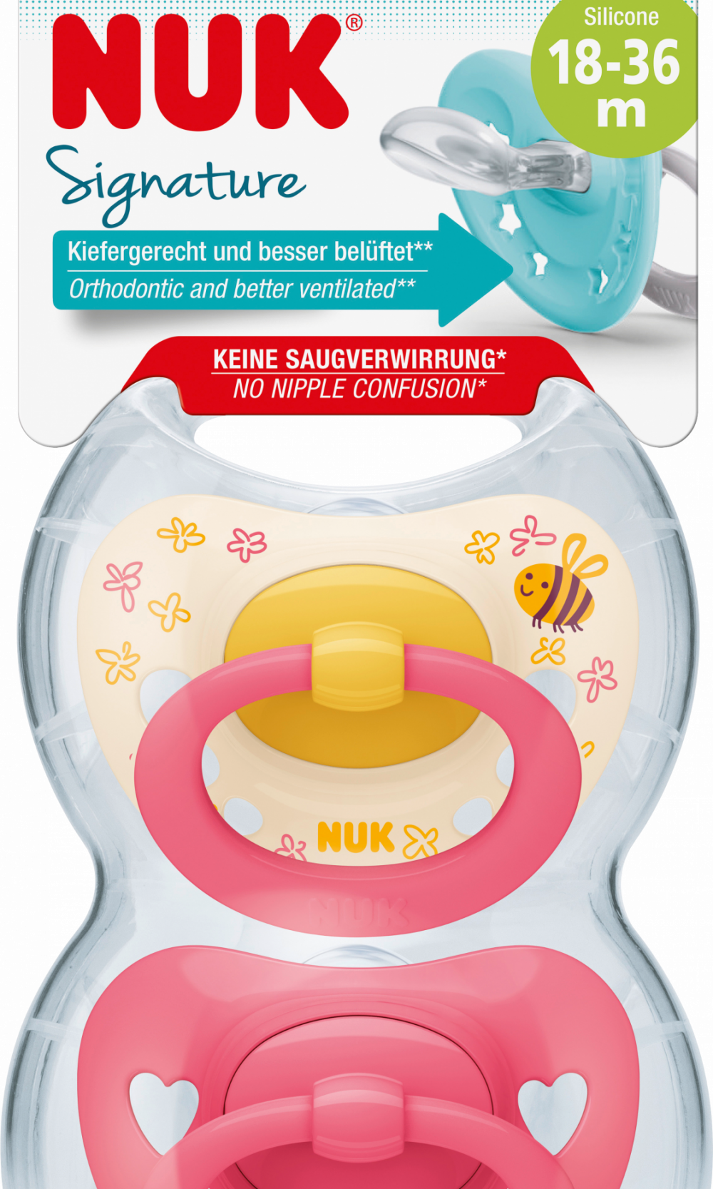 NUK لهاية سيجنتشر سيليكون ، أصفر/وردي ، من 18 شهر ، 2 قطعة
