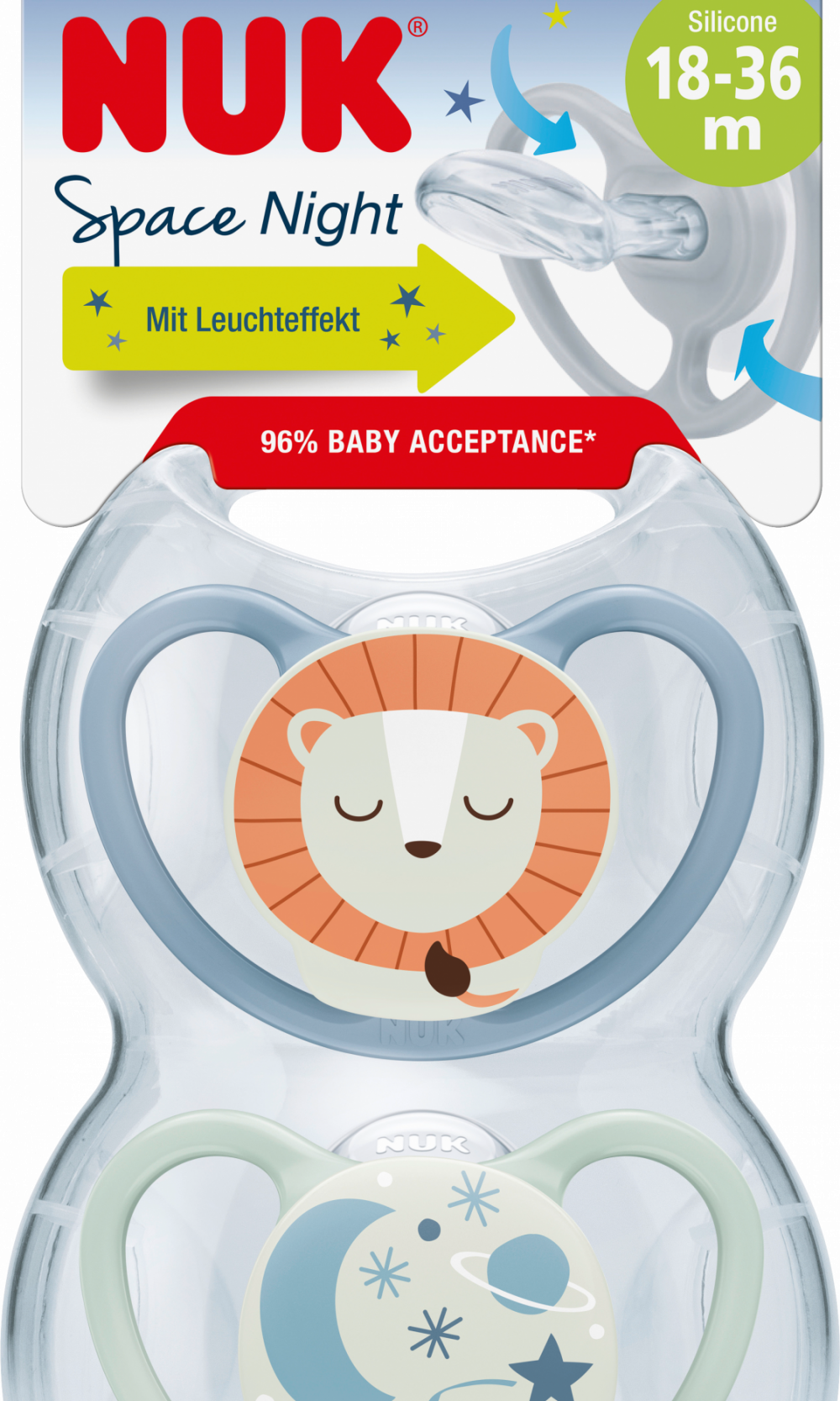 NUK لهاية سبيس سيليكون ليلي، أزرق/نعناع، من 18 شهرا، 2 قطعة