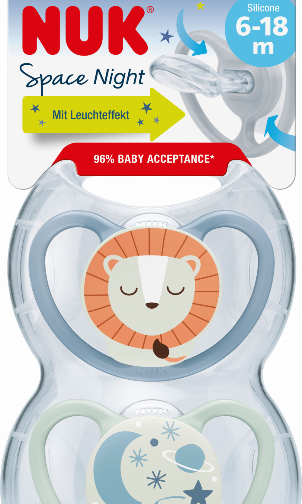 NUK لهاية سبيس ليلة سيليكون ، أزرق / نعناع ، 6-18 شهرا ، 2 قطعة