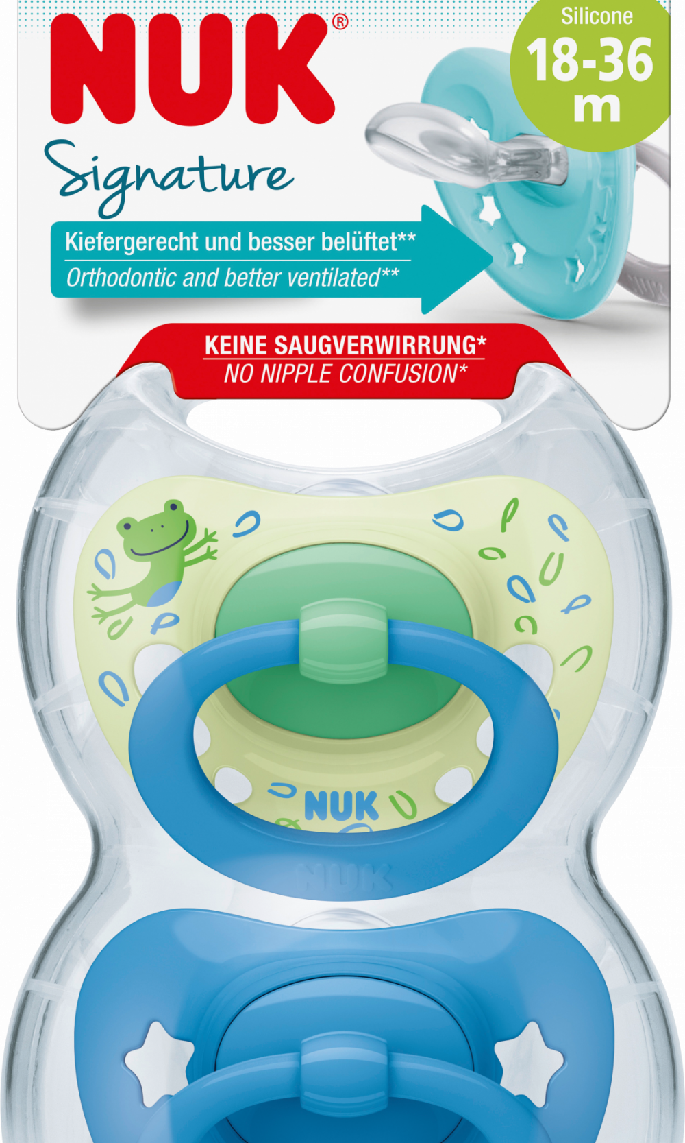 NUK لهاية سيليكون مميز، أخضر/أزرق، من 18 شهرا، 2 قطعة