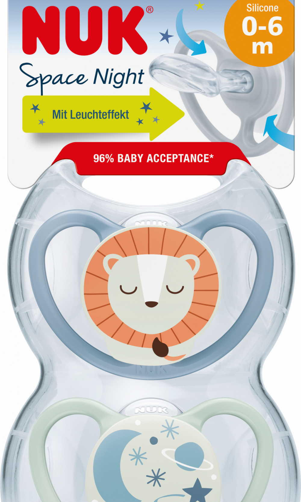 NUK لهاية سبيس سيليكون ليلي ، أزرق / نعناع ، 0-6 أشهر ، 2 قطعة