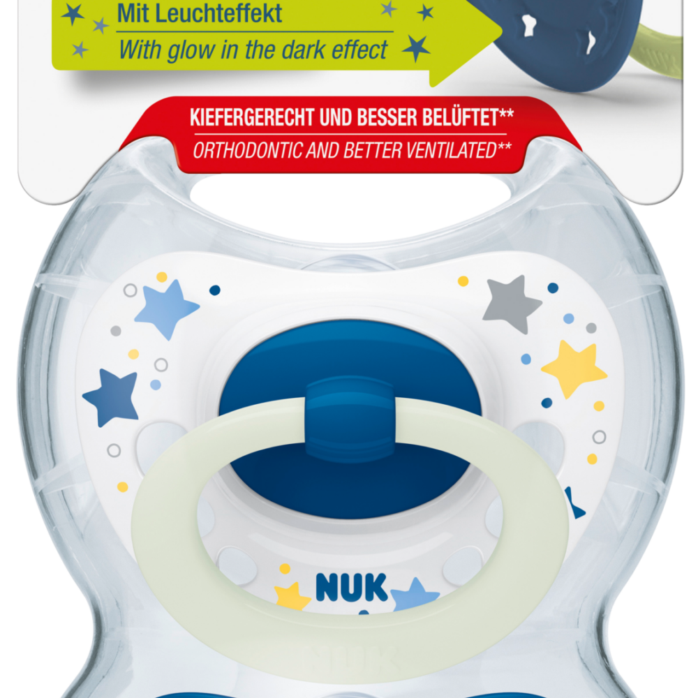 NUK لهاية سيجنتشر نايت، سيليكون، أزرق، 0-6 أشهر، 2 قطعة