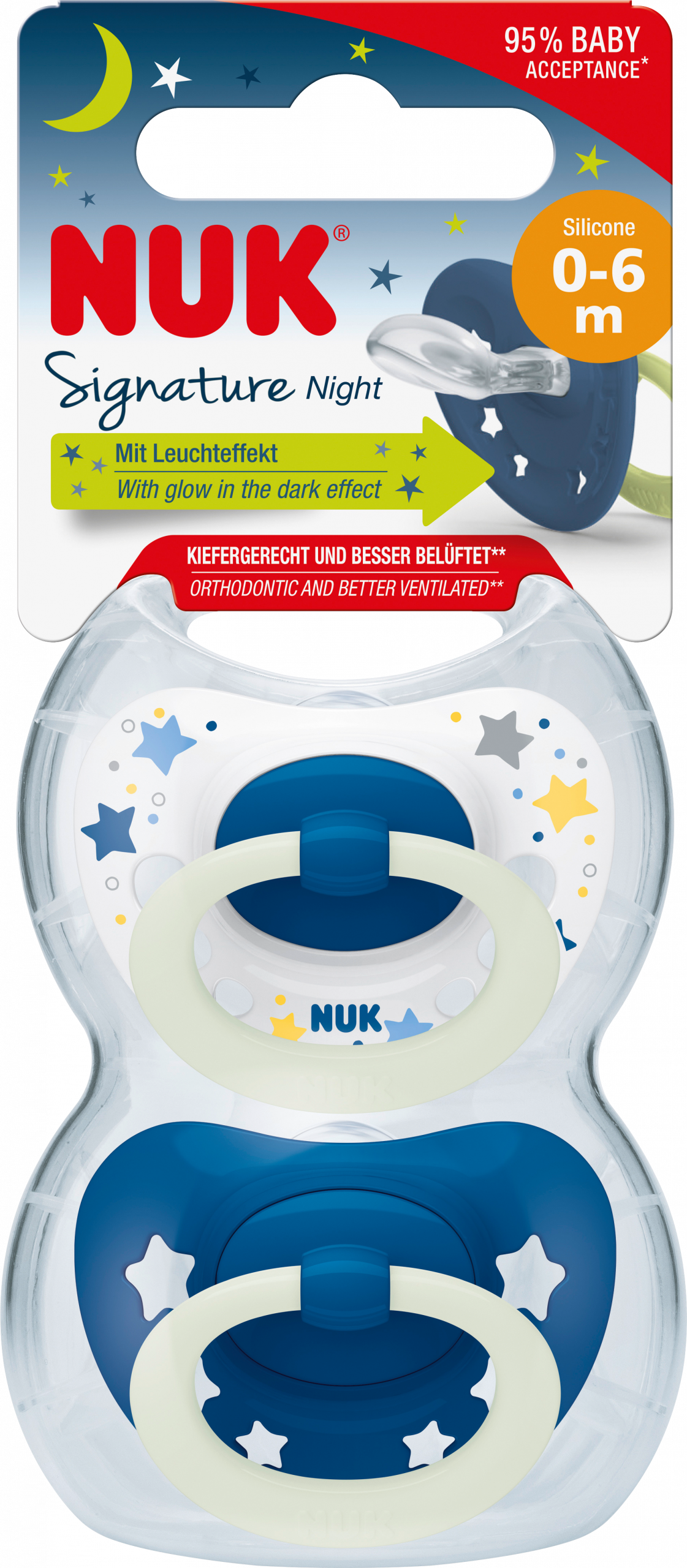 NUK لهاية سيجنتشر نايت، سيليكون، أزرق، 0-6 أشهر، 2 قطعة