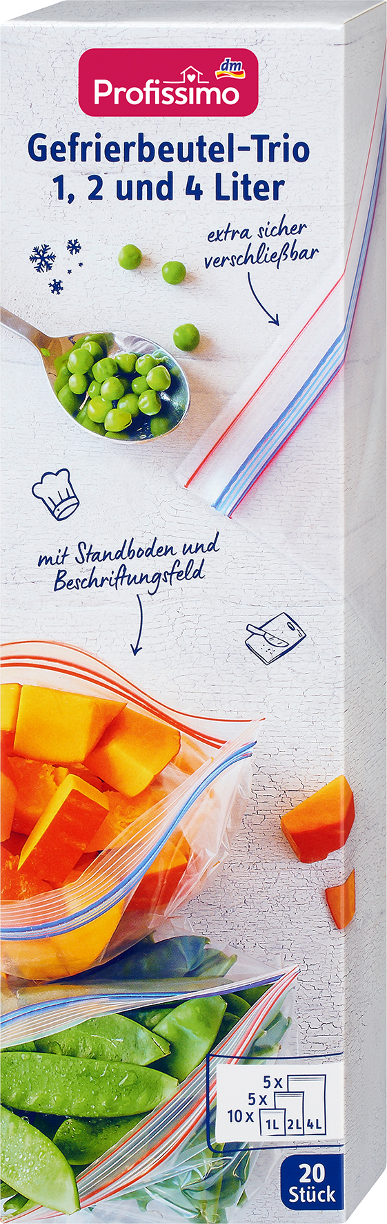 بروفيسيمو كيس فريزر ثلاثي 1 ، 2 و 4 لتر مع إغلاق مزدوج ، 20 قطعة
