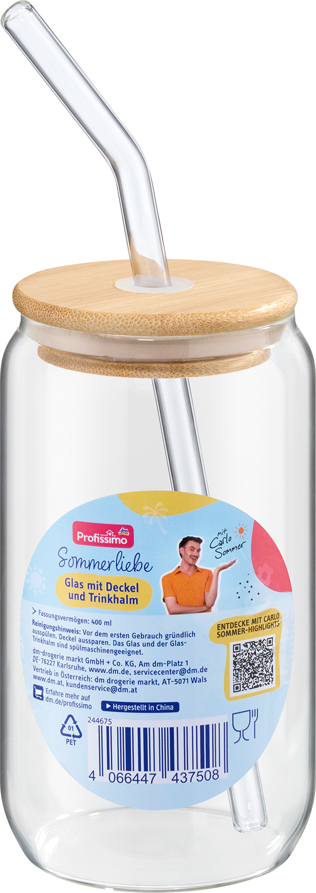 زجاج Profissimo بغطاء من الخيزران وقش الشرب Summer Love ، 1 قطعة