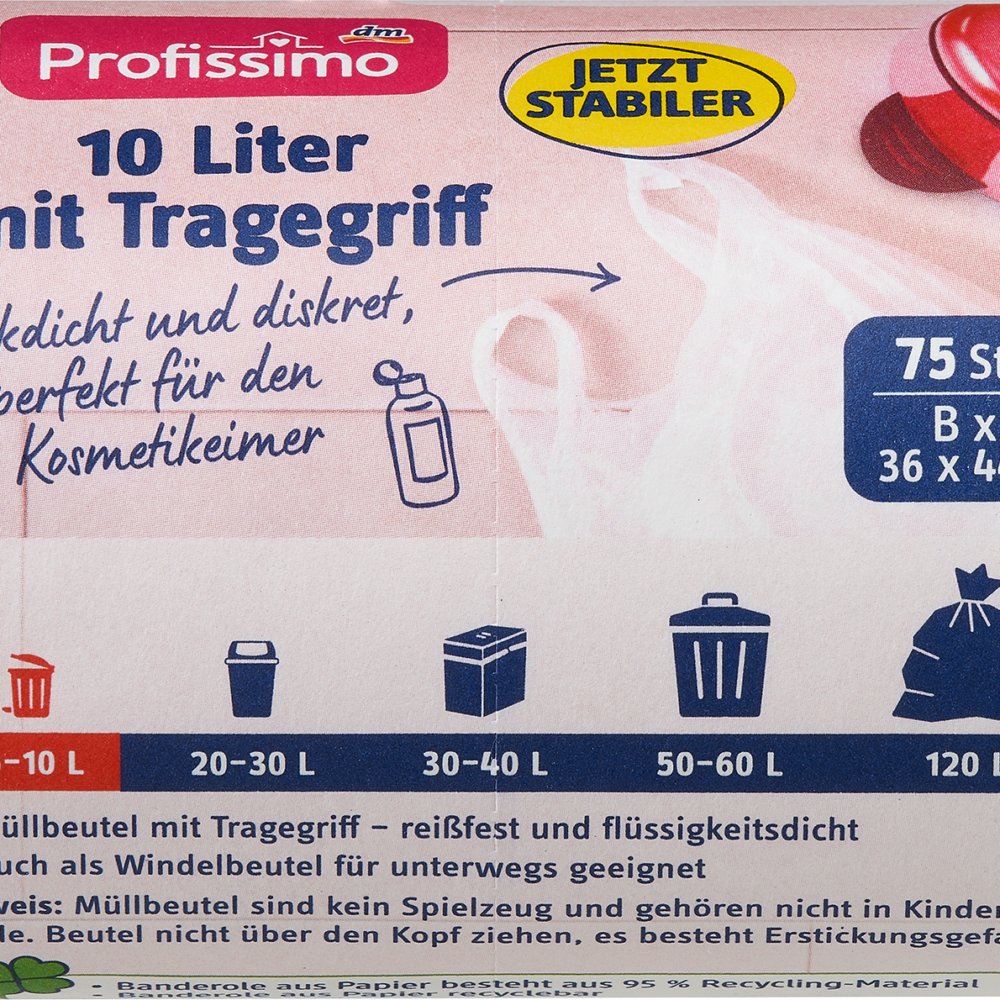 بروفيسيمو أكياس قمامة 10 لتر مع مقبض حمل لجرافات مستحضرات التجميل، 75 قطعة