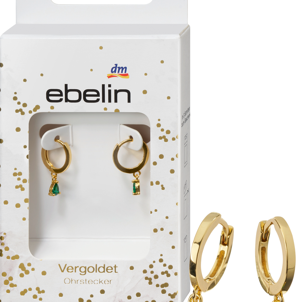 أقراط Ebelin hoop مطلية بالذهب بحجر الراين الأخضر، 2 قطعة