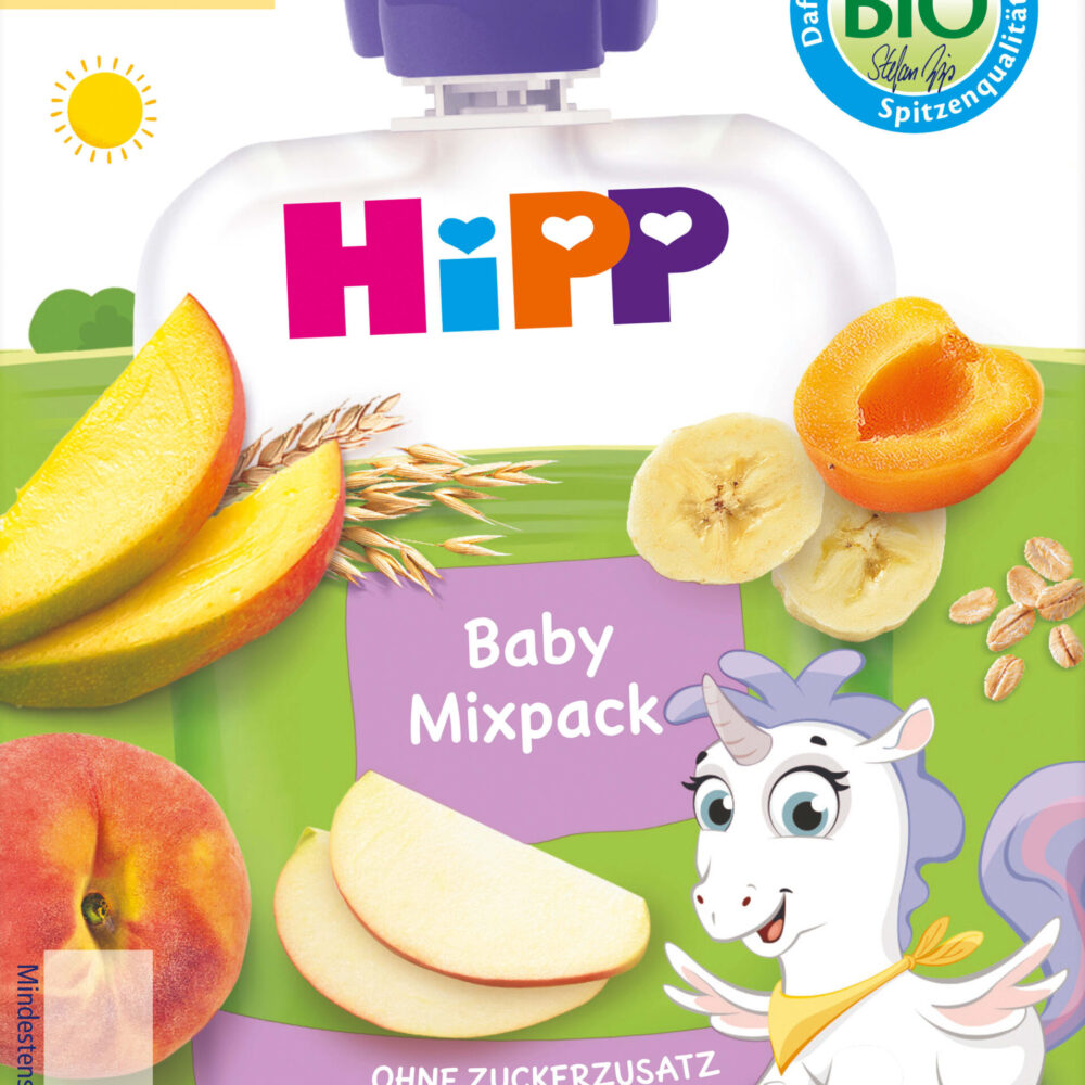 HiPP Quetschies Mixpack ، من الشهر الخامس (4 × 90 جم) ، 360 جرام طعام تكميلي