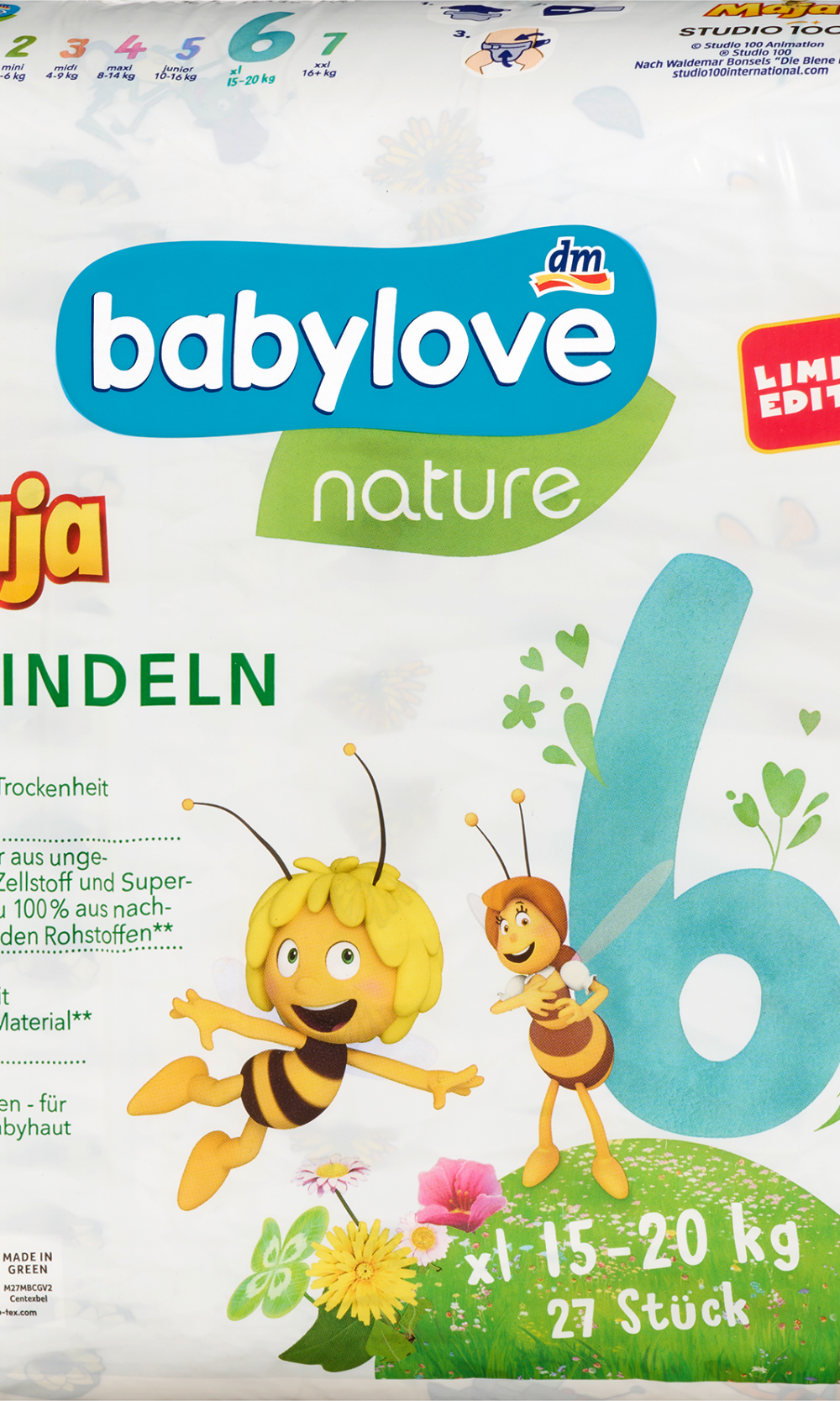 بيبي لوف حفاضات طبيعية مايا ذا بي مقاس 6 XL (15-20 كجم)، 27 قطعة