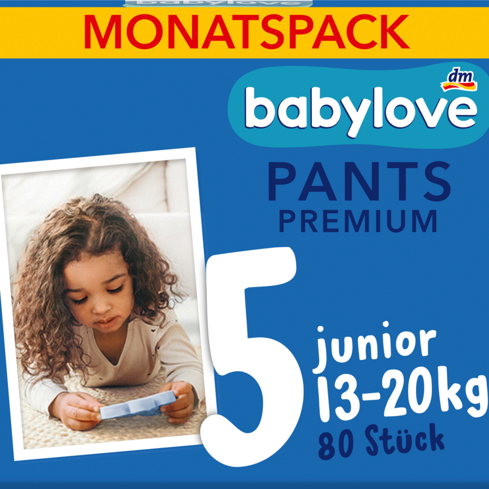 بيبي لوف بنطلون أطفال مقاس 5 جونيور بريميوم (13-20 كجم)، علبة شهرية، 80 قطعة