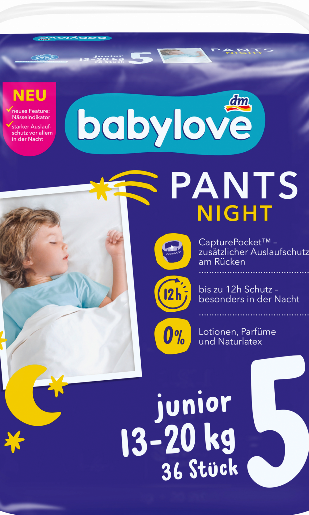 بيبي لوف بنطلون بيجامة نايت جونيور، مقاس 5 (13-20 كجم)، 36 قطعة