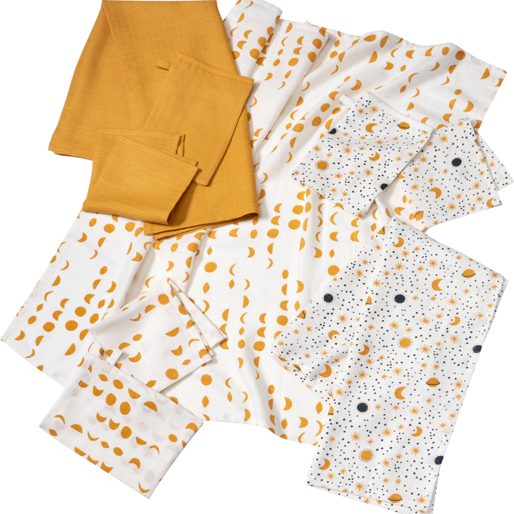 بيبي لوف طقم مقبلات أقمشة الشاش أبيض/خردل ، 9 قطع