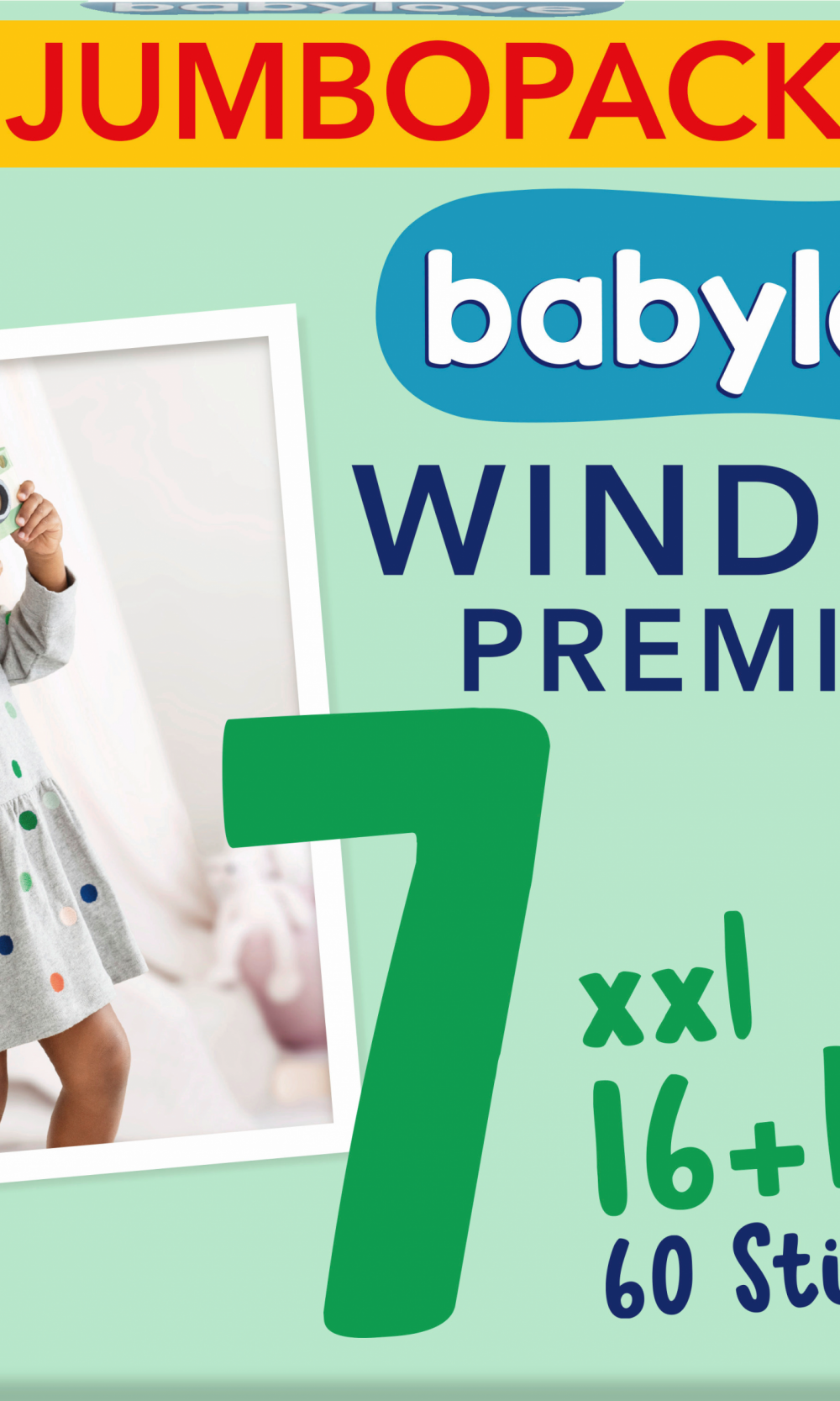 حفاضات بيبي لوف مقاس فاخر 7 XXL (16+ كجم)، جامبوباك، 60 قطعة