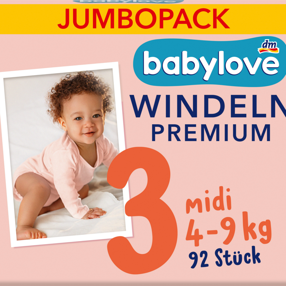 حفاضات بيبي لوف مقاس 3 ميدي (4-9 كجم)، عبوة جامبو، 92 قطعة